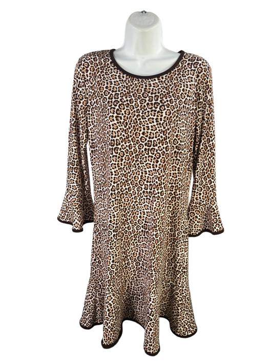 Michael Kors Women's Brown Cheetah Print 3/4 Bell Sleeve Flounce Mini Dress - M