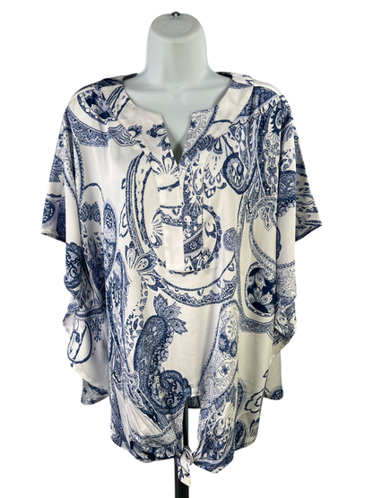 Chico's Women's White/Blue Satin Tie Front Blouse - 1/US 8-10