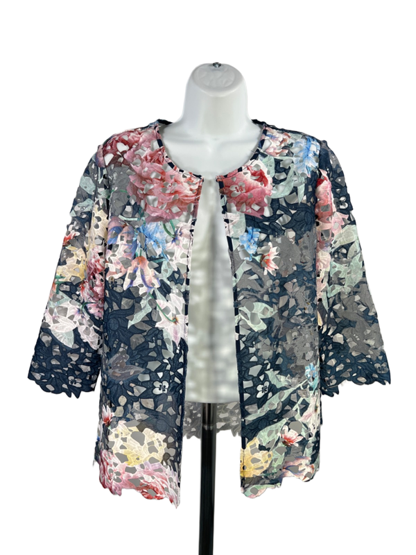 Chico's Women's Blue/Pink Flower Cut-Out Half Sleeve Open Front Jacket - 1/US M