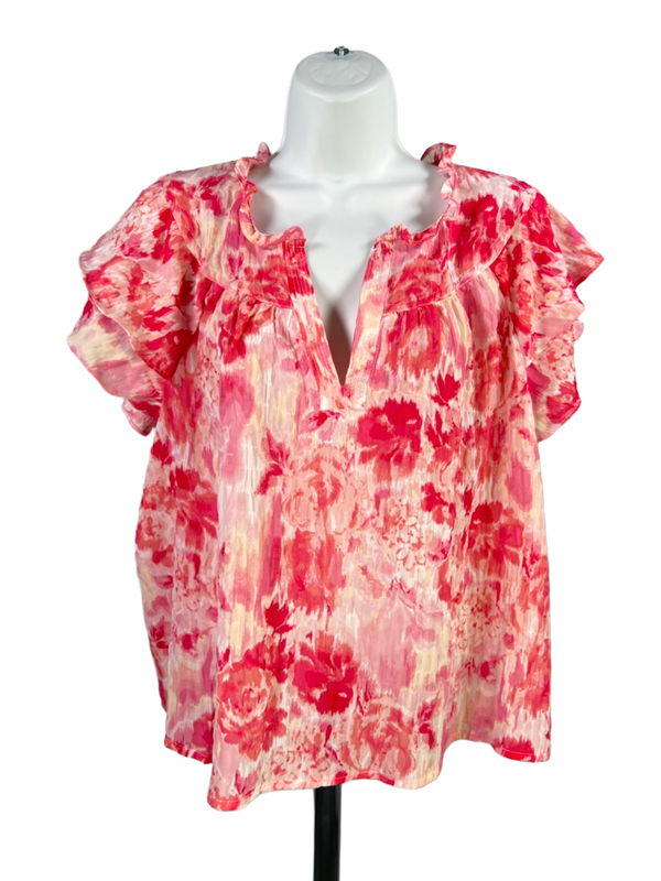 Counterparts Women's Pink WatercolorV Neck Short Butterfly Sleeve Blouse - XL
