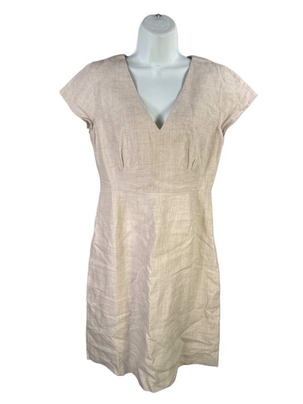 J Crew Women's Beige Linen V Neck Short Cap Sleeve Lined Sheath Midi Dress - 6