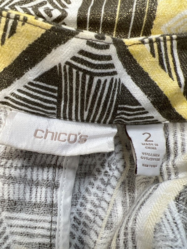 Chico's Women's Yellow Linen Blend Metallic Geometric Open Front Jacket - 2/US L image 3