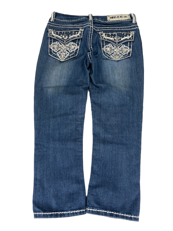 Miss Chic Women's/Juniors Medium Wash Rhinestone Cropped Denim Jeans - 3 image 2