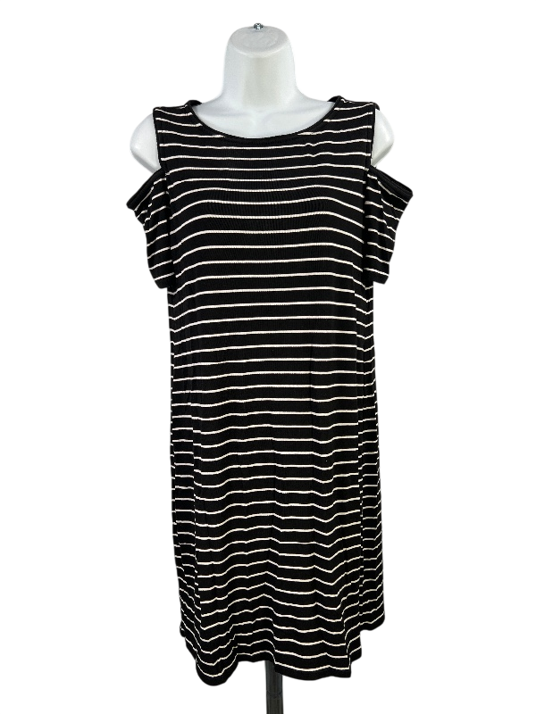 White House Black Market Women's Black Striped Cold Shoulder Shirt Dress - S