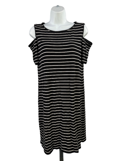 White House Black Market Women's Black Striped Cold Shoulder Shirt Dress - S
