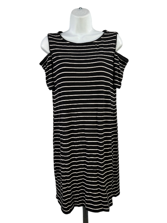White House Black Market Women's Black Striped Cold Shoulder Shirt Dress - S