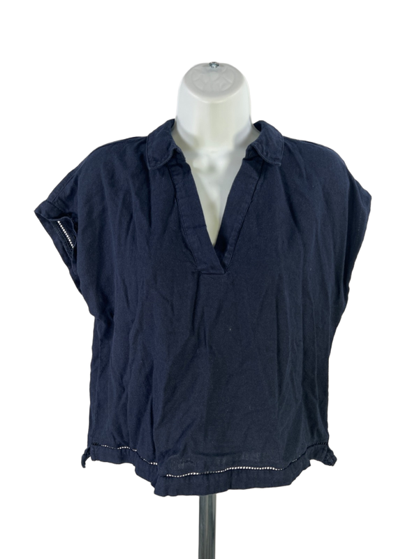 Ellen Tracy Women's Blue Linen Blend Sleeveless V-Neck Blouse - M