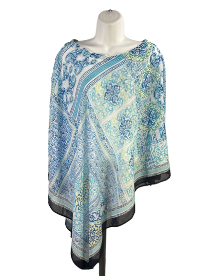 Chico's Women's Blue Coastal Tile Asymmetrical Hem Pullover Poncho - L/XL