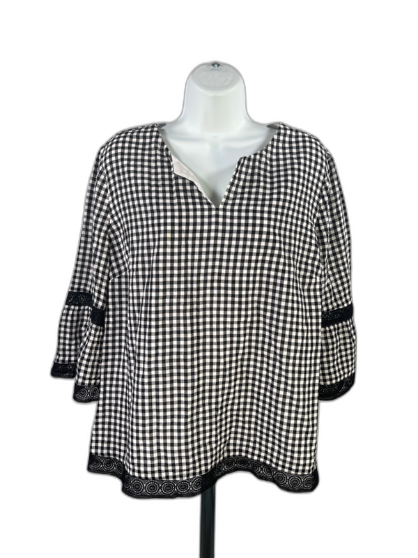 Chico's Women's Black/White Checkered 3/4 Bell Sleeve Blouse - 2/US 12