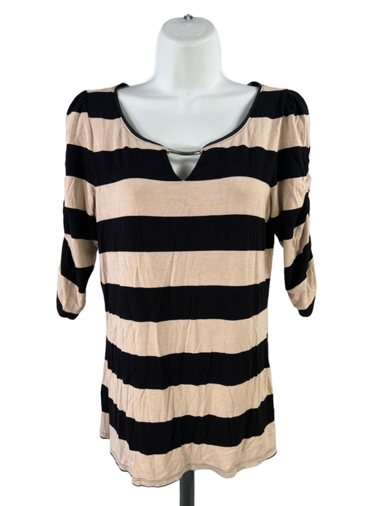 White House Black Market Women's Black/Beige Striped 1/2 Sleeve Shirt - M