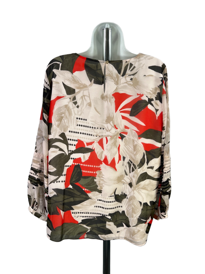 Calvin Klein Women's White/Red Floral Sheer Sleeve Blouse - L image 2
