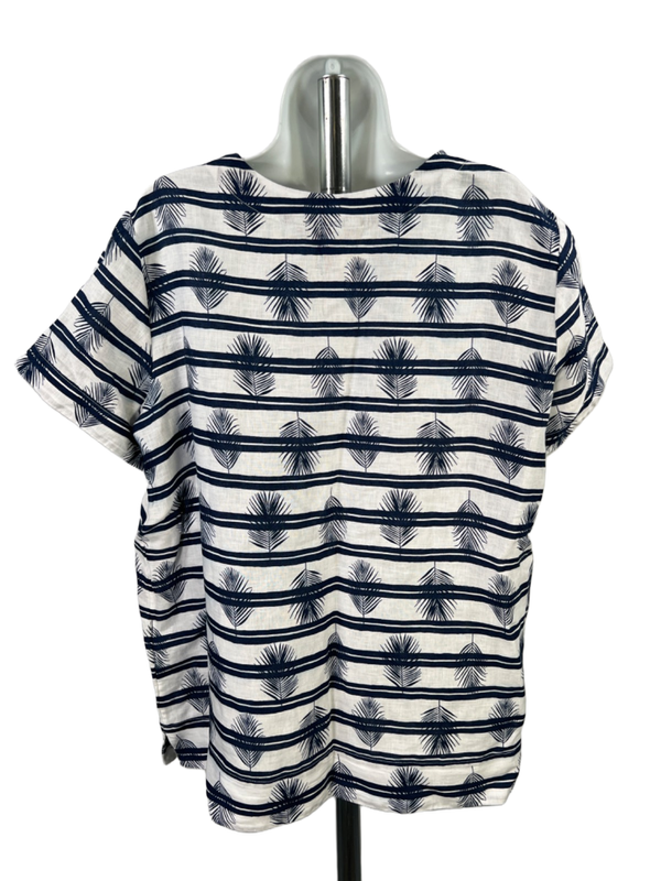 Lands End Women's White/Blue Linen Short Sleeve Blouse - XL/18 image 2