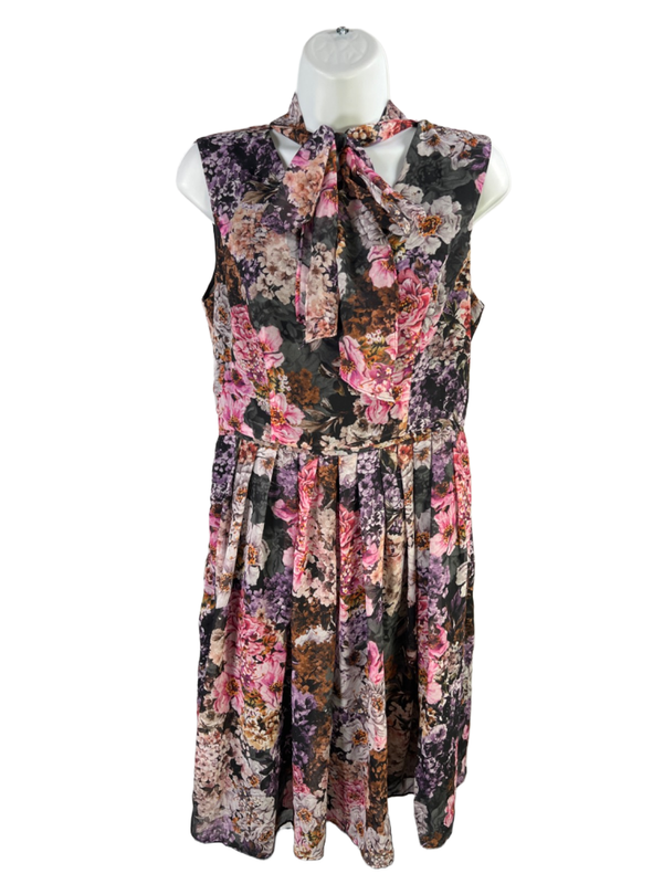 Adrianna Papell Women's Multicolor Floral Pleated Tie Neck Sleeveless Dress - 8
