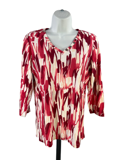 Chico's Women's Red Cotton V Neck 3/4 Sleeve Shirt - 1/US 8