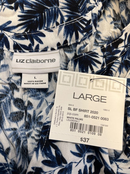 Liz Claiborne Women's White/Blue Tropical Palm Sleeveless Button Up Blouse - L image 3