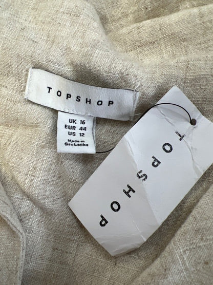 Topshop Women's Beige Linen Blend Short Sleeve Cropped Button Up Shirt - 12 image 3