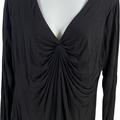 White House Black Market Womens Black Long Sleeve V-Neck Pleated Front Blouse -L