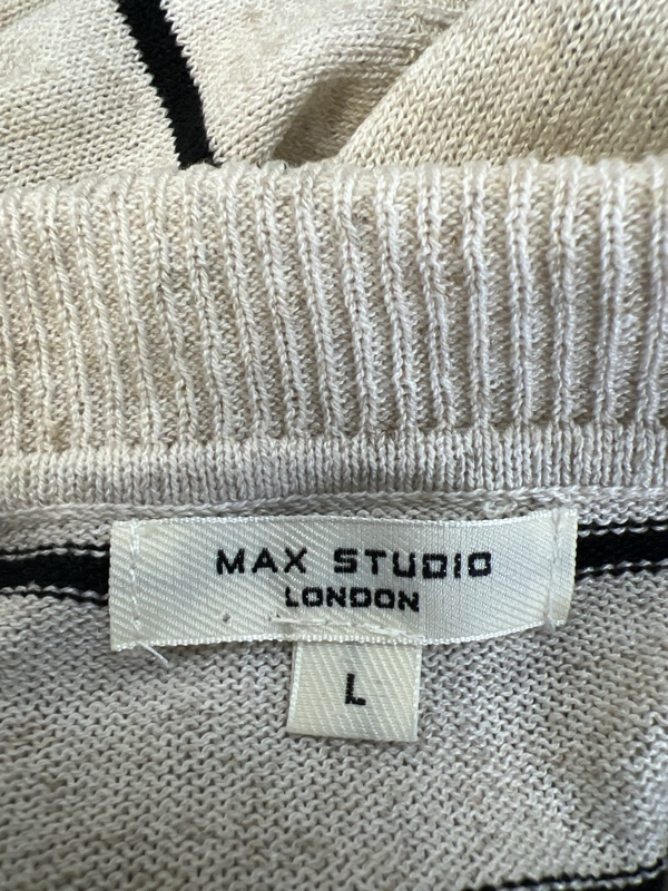 Max Studio Women's Beige/Black Striped Linen V-Neck Shirt - L image 3