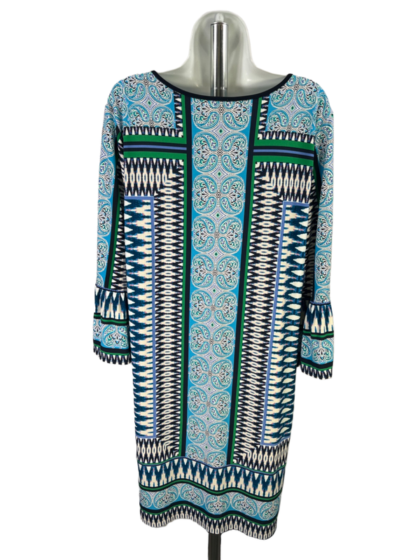 Chico's Women's Blue/Green Paisley Keyhole 3/4 Bell Sleeve Midi Dress - 2/US 12 image 2