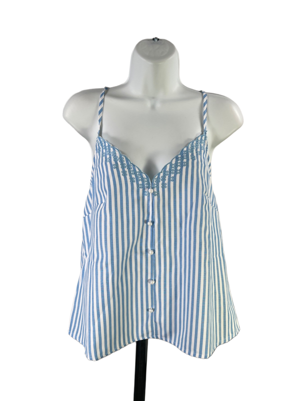 Cupshe Women's Blue/White Striped Embroidered Scallop Neck Sleeveless Top - S