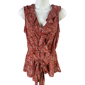 Max Studio Women's Orange Floral Ruffle Front Belted Sleeveless Blouse - S
