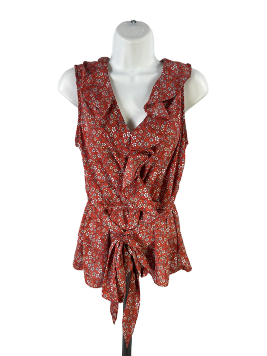 Max Studio Women's Orange Floral Ruffle Front Belted Sleeveless Blouse - S