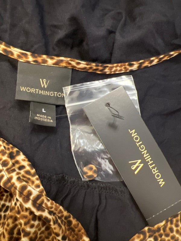 Worthington Women's Black/Brown Leopard Quarter Button Sleeveless Blouse - L image 3