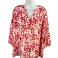 NYDJ Women's Pink Floral Pintuck Pleated 3/4 Sleeve Button Up Blouse - 1X Plus