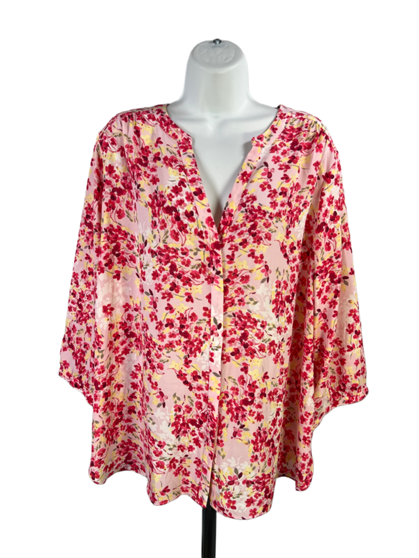 NYDJ Women's Pink Floral Pintuck Pleated 3/4 Sleeve Button Up Blouse - 1X Plus