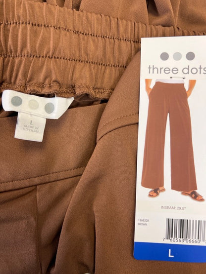 Three Dots Women's Brown Pull On Wide Leg Stretch Waist Pants - L image 3