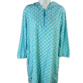 Lands' End Women's Blue/White Shell Print Hooded Quarter Zip 3/4 Sleeve Shirt- L