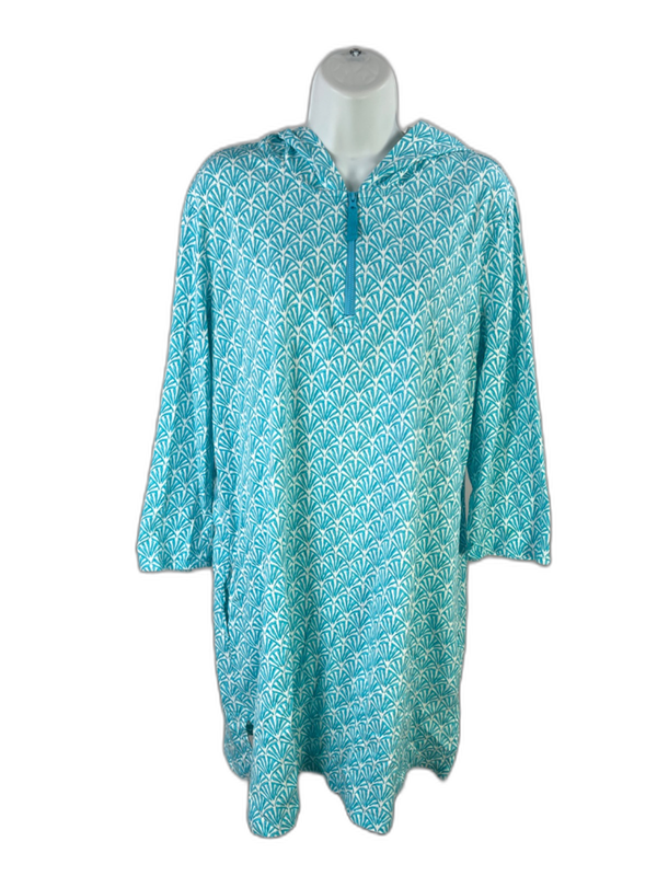 Lands' End Women's Blue/White Shell Print Hooded Quarter Zip 3/4 Sleeve Shirt- L