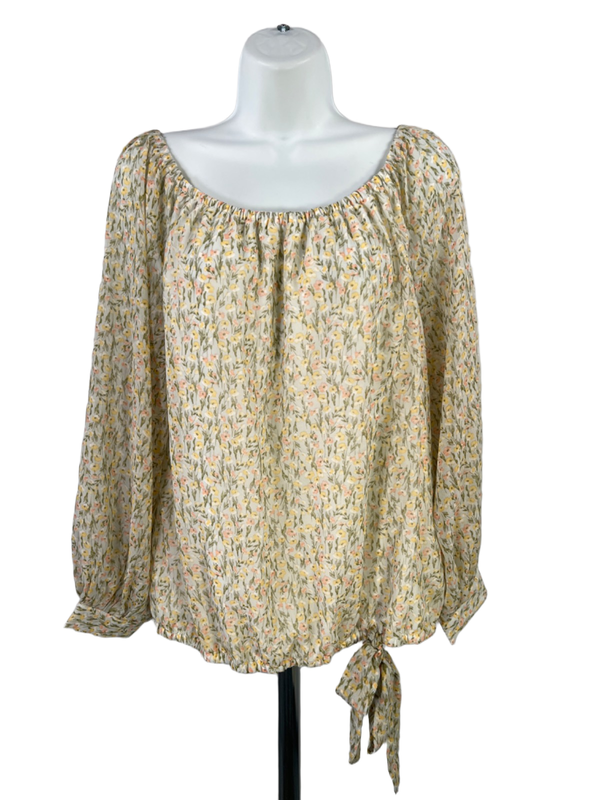 CeCe Women's Green Floral Long Sheer Sleeve Tie Waist Blouse - L
