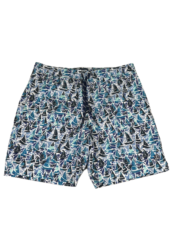 Lands End Men's Blue Boat Print Lined Swim Trunks - L