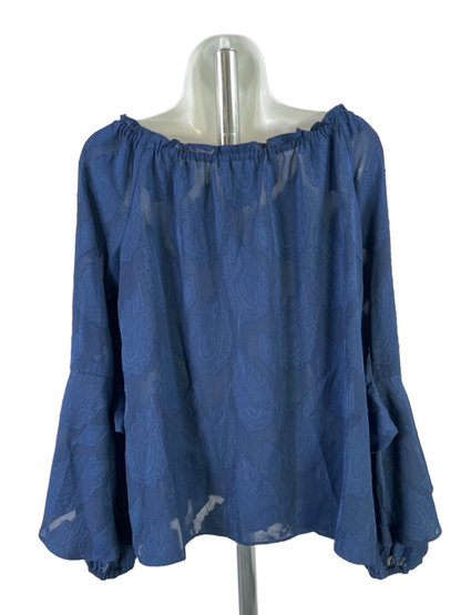 Michael Kors Women's Navy Blue Semi Sheer Ruffle Long Balloon Sleeve Blouse - S image 2