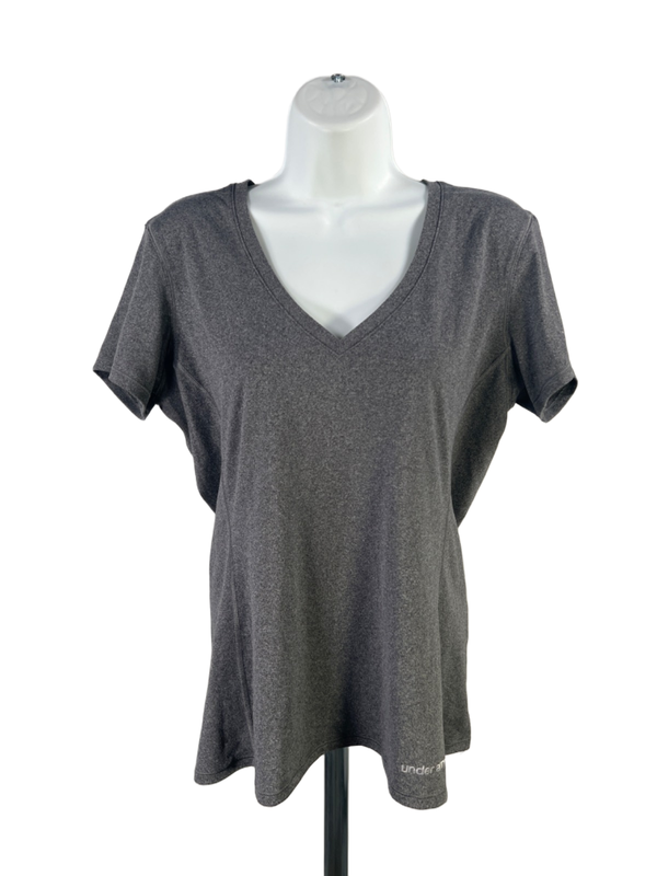 Under Armour Women's Gray Heatgear Fitted V Neck Short Sleeve Tee Shirt - XL
