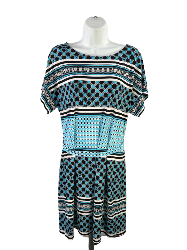 White House Black Market Women's Blue Geometric Belted Cover Up Mini Dress - M