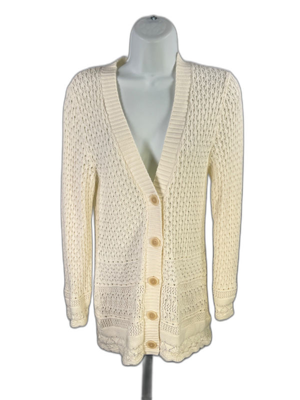 Eddie Bauer Women's White/Ivory Open Knit Button Up Cardigan Sweater - M