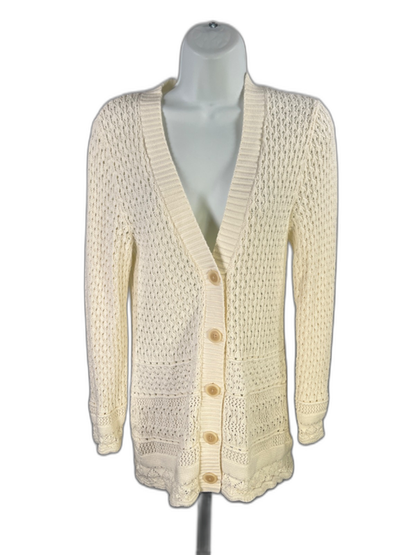Eddie Bauer Women's White/Ivory Open Knit Button Up Cardigan Sweater - M