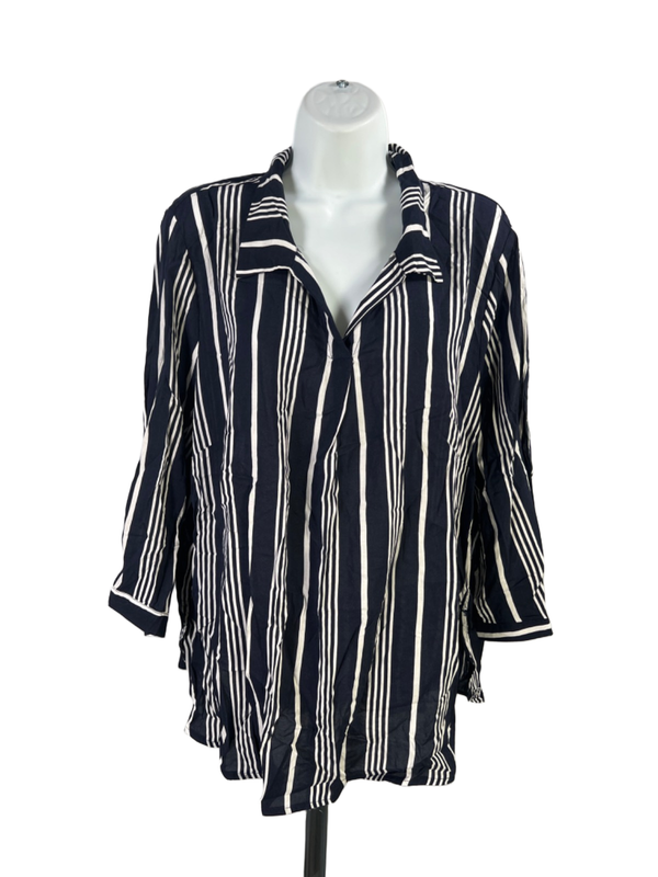 Cynthia Rowley Women's Blue/White Striped Semi-Sheer 3/4 Sleeve Blouse - 1X Plus