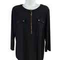 Anne Klein Women's Black Half Zip Pocket Front 3/4 Sleeve Blouse - M