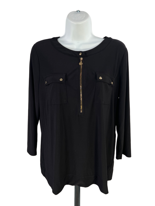 Anne Klein Women's Black Half Zip Pocket Front 3/4 Sleeve Blouse - M