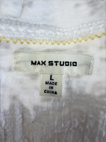 Max Studio Women's White/Yellow Short Eyelet Sleeve Tie Front Blouse - L image 3