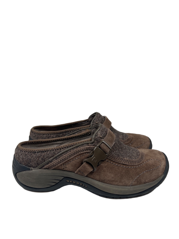 Merrell Women's Gray/Taupe Ortholite Encore SIdestep Slide On Mules - 7
