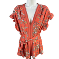 Max Studio Women's Orange Floral Belted V Neck Short Flutter Sleeve Blouse - L