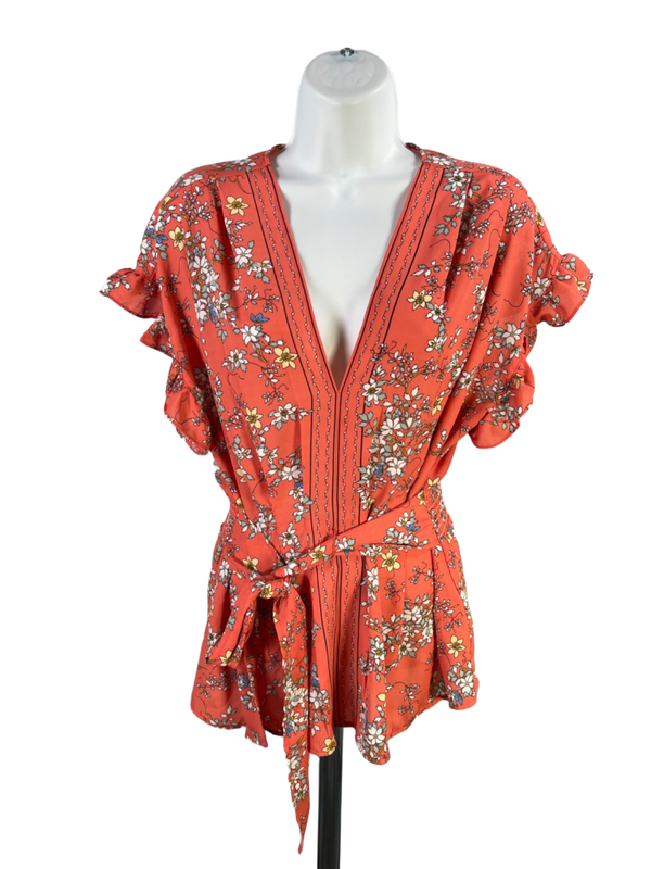 Max Studio Women's Orange Floral Belted V Neck Short Flutter Sleeve Blouse - L