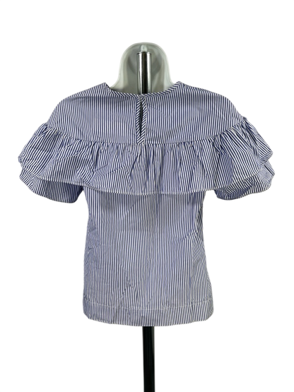 J.Crew Women's Blue Striped Short Sleeve Ruffle Top Blouse - 00 image 2