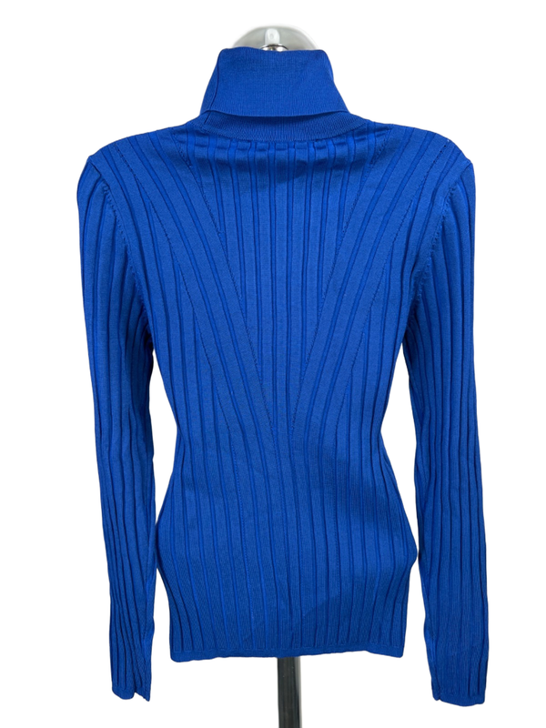 White House Black Market Women's Blue Ribbed Long Sleeve Turtleneck Sweater - M image 2