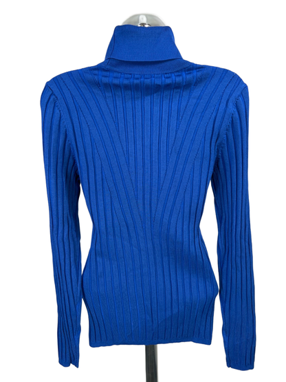 White House Black Market Women's Blue Ribbed Long Sleeve Turtleneck Sweater - M image 2