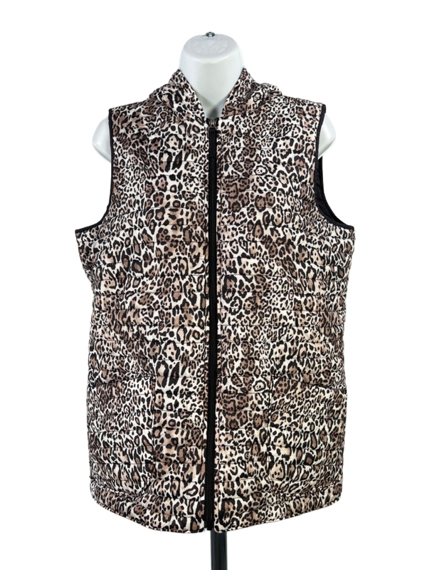 Weekends by Chico's Women's Brown Cheetah Print Full Zip Puffer Vest - 1/US M